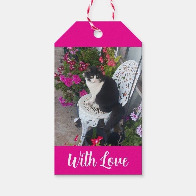 Étiquettes-cadeau Chat Smoking Fleurs Filles Nom Rose Foncé (Devant)