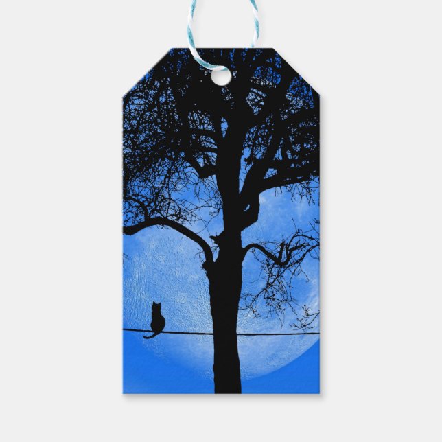 Étiquettes-cadeau Chat sur une lune bleue fil (Devant)