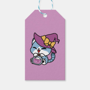 Étiquettes-cadeau Chat Tabby Halloween – Chapeau de Sorcière & Art d