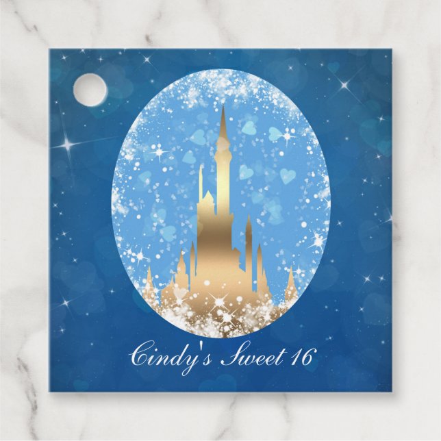 Étiquettes Cadeau Château de conte de fées bleu or scintillant enter (Devant)