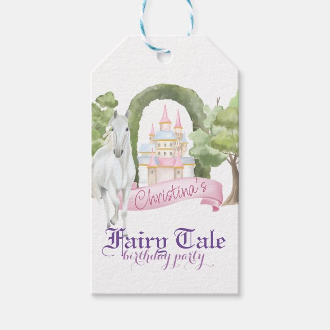 Étiquettes-cadeau Château de Fairy Tale et Aquarelle de Cheval Blanc (Devant)