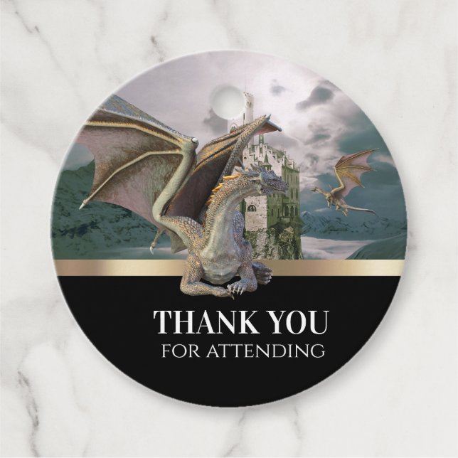 Étiquettes Cadeau Château Médiéval Dragon Bronze Métallique Annivers (Devant)