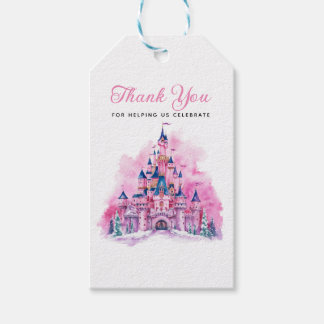 Étiquettes-cadeau Château rose Aquarelle 1er Anniversaire Merci