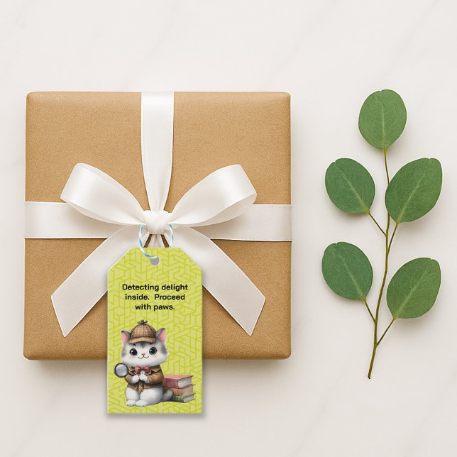 Étiquettes-cadeau Chatlock Holmes Chatton (Adorable detective cat with books and fun saying gift tag in situ)