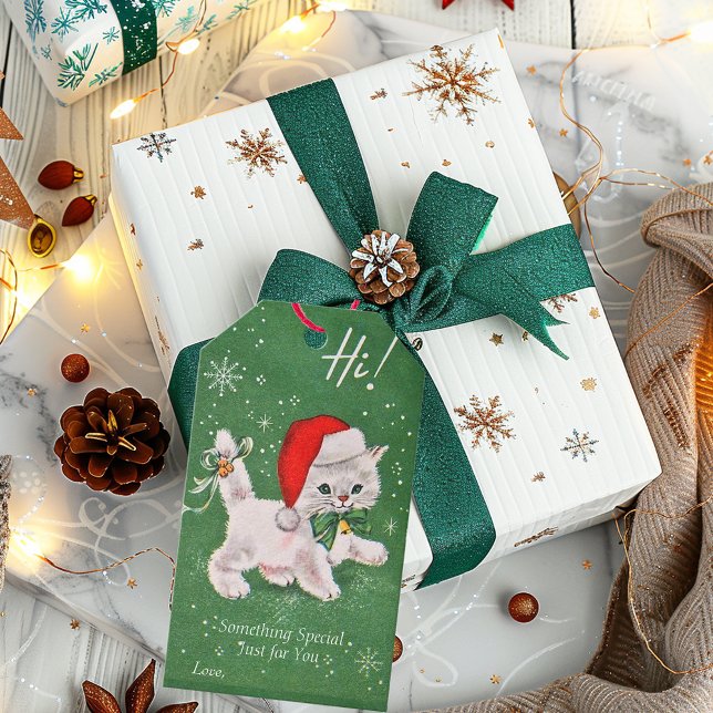 Étiquettes-cadeau Chaton blanc Noël Nœud vert Cloches dorées (Créateur téléchargé)