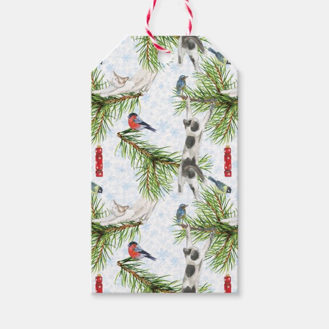 Étiquettes-cadeau Chaton de Noël avec Oiseaux (Devant)