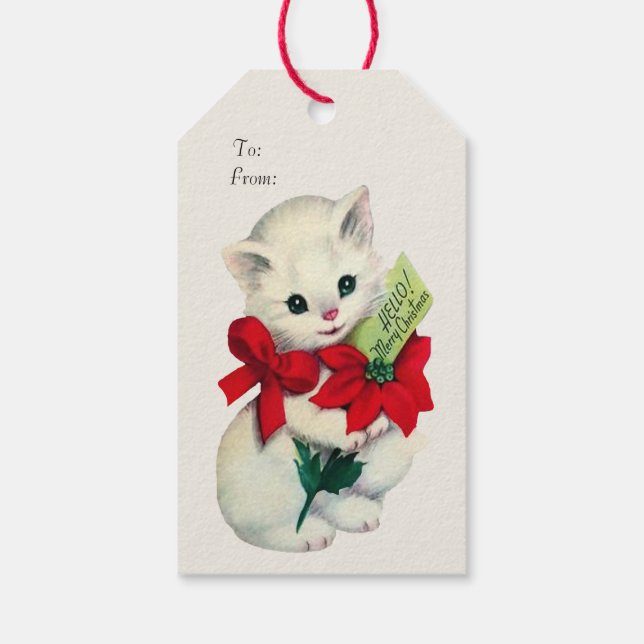Étiquettes-cadeau Chaton de Noël Rétro Adorable Blanc Ruban Rouge   (Dos)