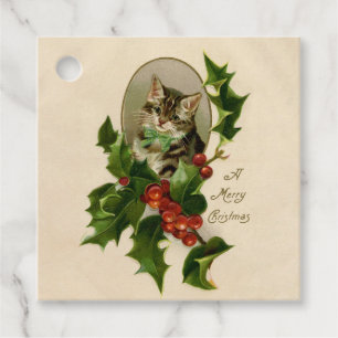 Étiquettes Cadeau Chaton de Noël victorien au houx antique tabby