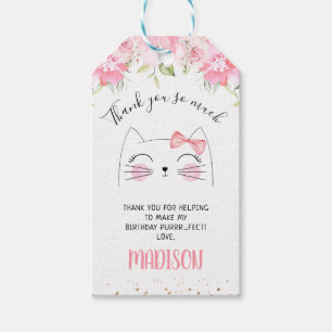 Étiquettes-cadeau Chaton rose Floral Visage Anniversaire Merci