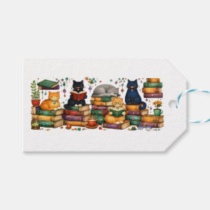 Étiquettes-cadeau Chats lisant des livres Scène de bibliothèque cosy