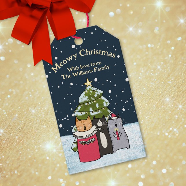 Étiquettes-cadeau Chatte Cartoon Chat Noël Chanteurs Carol en neige (Créateur téléchargé)