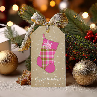 Étiquettes-cadeau Chaussette de Noël Tartan Rose Chaud et Olive ID20