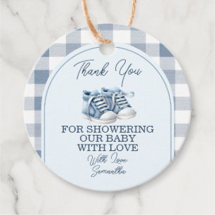 Étiquettes Cadeau Chaussures Bébé Bleu Gingham Baby Shower Bottines