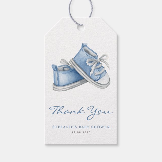 Étiquettes-cadeau Chaussures de bébé à l'aquarelle bleue Baby Shower (Devant)