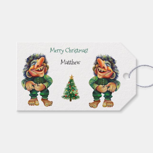 Étiquettes-cadeau Cheeky Christmas Troll et Tree Delight (Devant (Horizontal))
