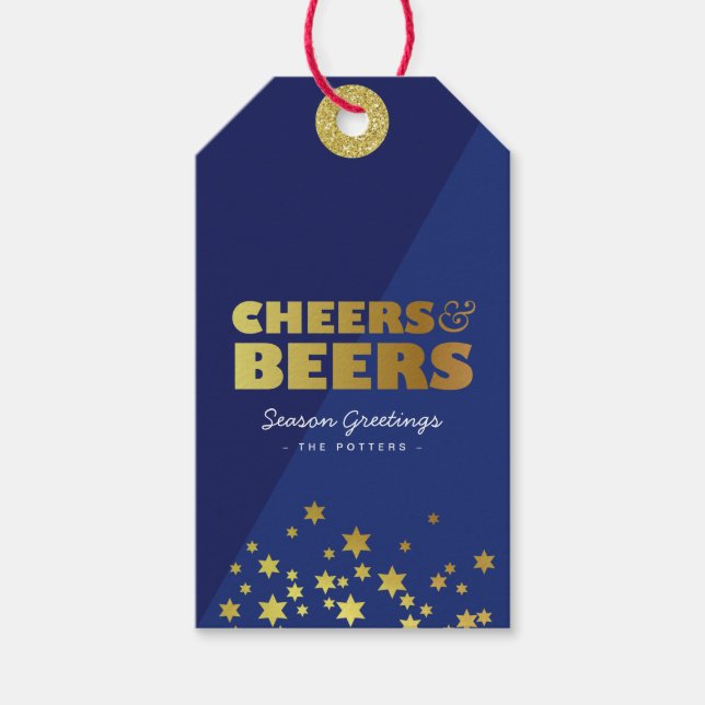 Étiquettes-cadeau Cheers et bières | Fun Christmas Blue & Gold (Devant)
