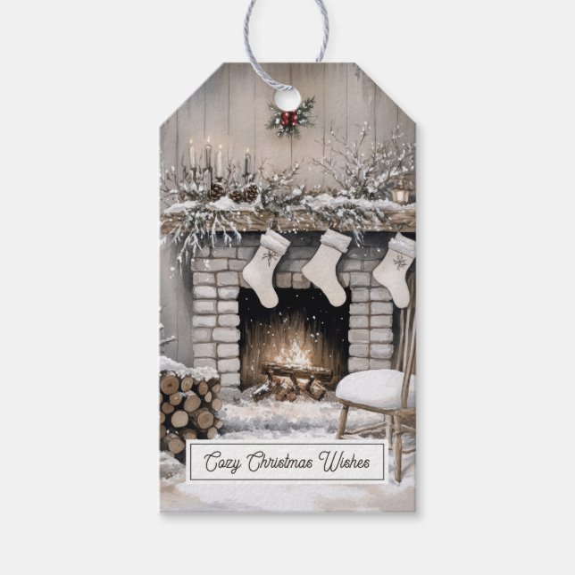 Étiquettes-cadeau Cheminée de Noël Cosy (Devant)