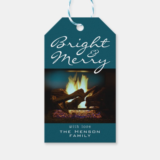 Étiquettes-cadeau Cheminée lumineuse et joyeuse Feu de Noël Photo (Devant)