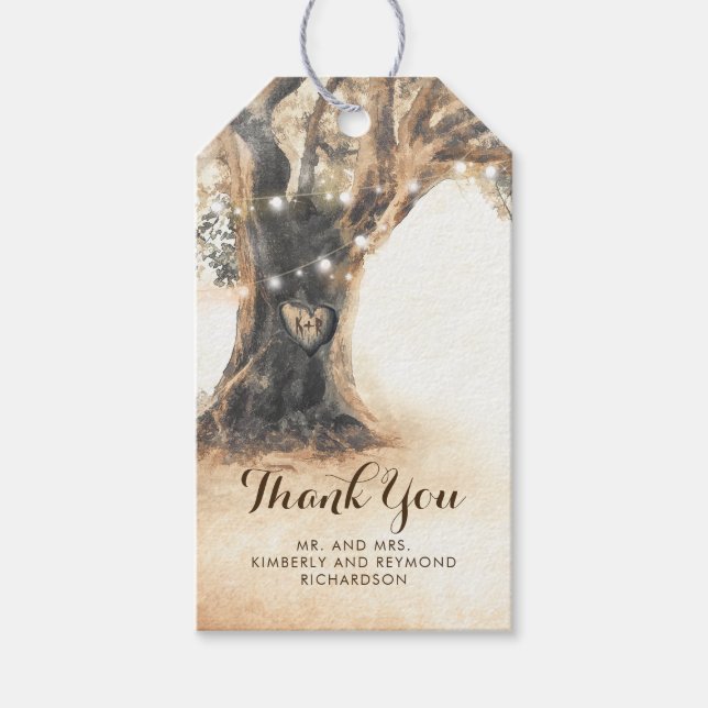 Étiquettes-cadeau Chêne rustique et Mariage de coeur sculpté (Devant)