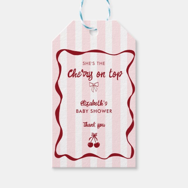 Étiquettes-cadeau Cherry on Top Baby Shower Pink Stripes Bow (Devant)