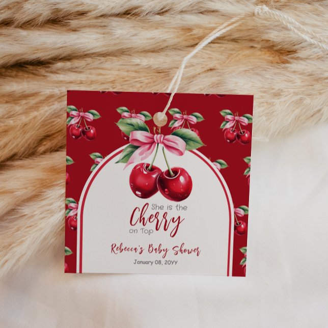 Étiquettes Cadeau Cherry Red Coquette Bow Girl Baby shower (Créateur téléchargé)
