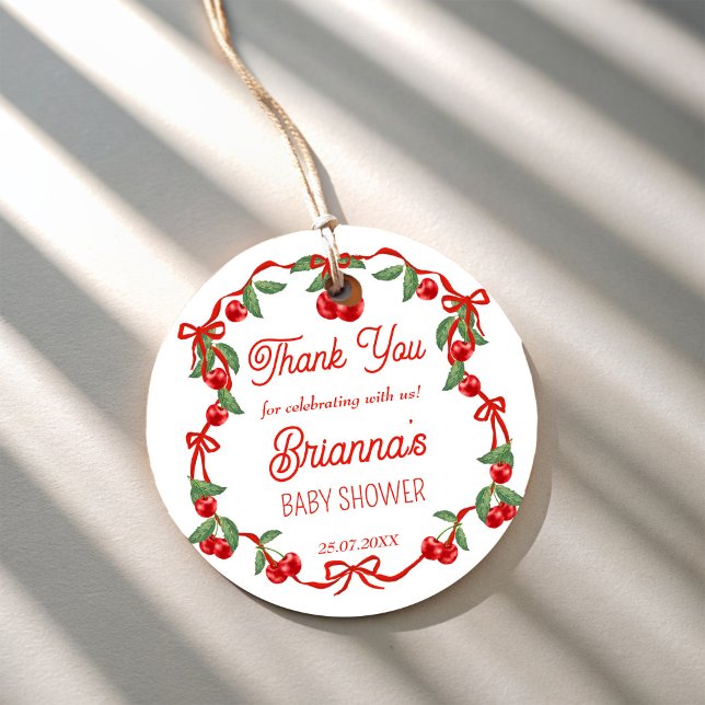 Étiquettes Cadeau Cherry sur le haut du ruban baby shower faveur (Cherry on top red ribbon cherry  baby shower favors personalized favor tags)