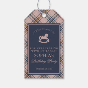 Étiquettes-cadeau Cheval à Bascule à Carreaux Tartan Rose pour Fêtes