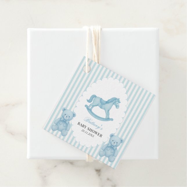 Étiquettes Cadeau Cheval à rocher Preppy Ours Baby shower bleu (En situation)