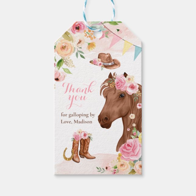 Étiquettes-cadeau Cheval Anniversaire Fête Cowgirl rose Floral Anniv (Devant)