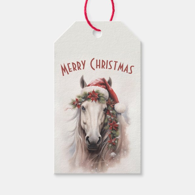 Étiquettes-cadeau Cheval Blanc Santa Chapeau Rouge Poinsettias Noël (Devant)