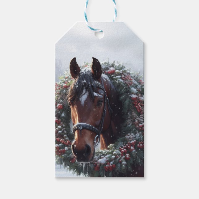 Étiquettes-cadeau Cheval Brown Noël Wreath Snowy Pasture (Devant)