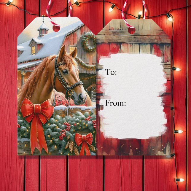 Étiquettes-cadeau Cheval Brun, Arcs et Granges Noël Rustique (Créateur téléchargé)