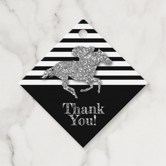 Étiquettes Cadeau Cheval de course argenté sur rayures noires (Devant)