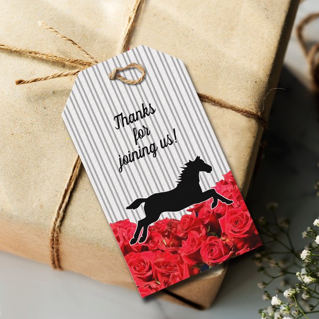 Étiquettes-cadeau Cheval de course Parti de Derby aux Roses Rouges  (Derby themed favor tags 3.5"l x 2"w, set of 10 with pre-punched hole, choice of twine color.)