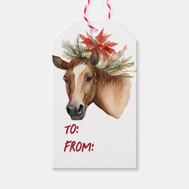 Étiquettes-cadeau Cheval de Noël en aquarelle (Devant)