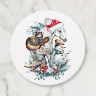 Étiquettes Cadeau Cheval de Noël en Chat de Noël cowgirl cowboy bott