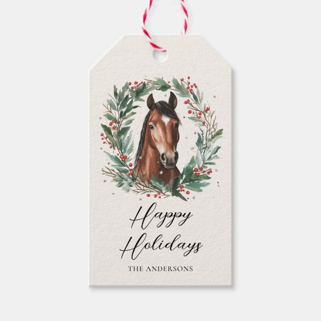 Étiquettes-cadeau Cheval Festif Noël Wreath Joyeuses Fêtes (Devant)