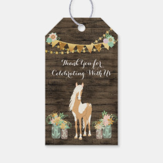 Étiquettes-cadeau Cheval, Fleurs Bois rustique Merci d'anniversaire