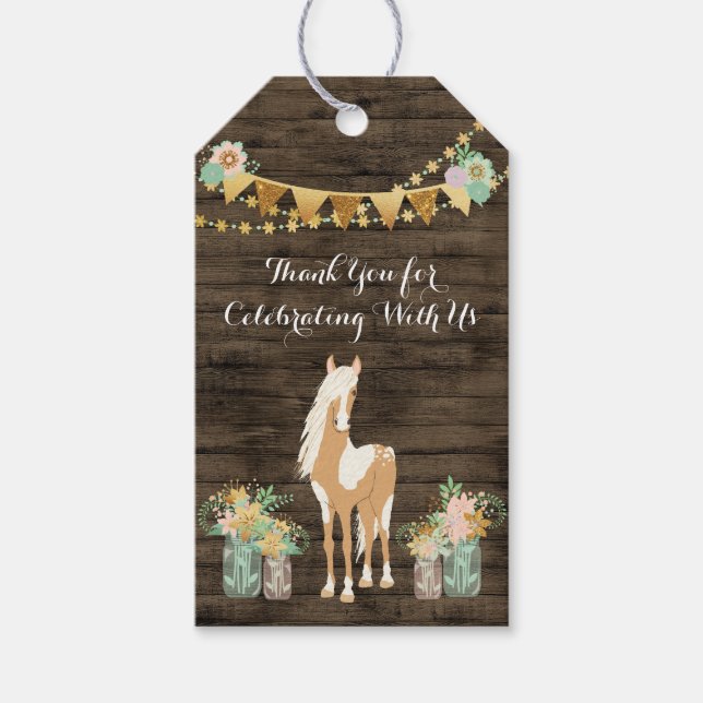 Étiquettes-cadeau Cheval, Fleurs Bois rustique Merci d'anniversaire (Devant)