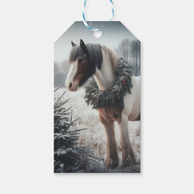 Étiquettes-cadeau Cheval Noël Wreath Snowy Pasture (Devant)