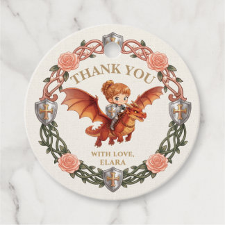 Étiquettes Cadeau Chevalier Fantaisiste Fille et Dragon Merci pour l