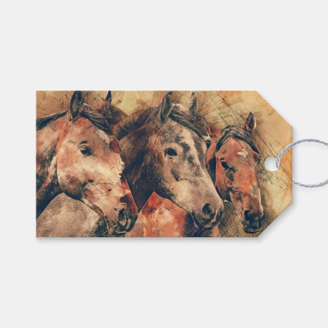 Étiquettes-cadeau Chevaux Peinture d'aquarelle artistique (Devant (Horizontal))