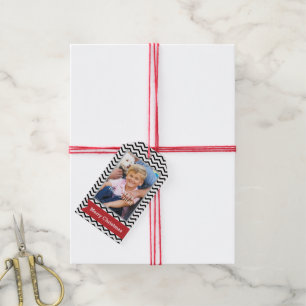 Étiquettes-cadeau Chevrons noirs avec la bannière et la photo rouge