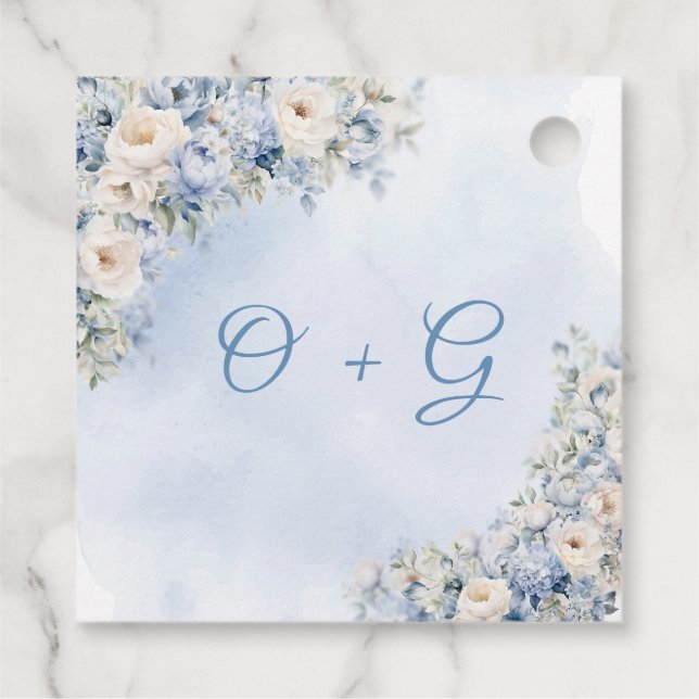 Étiquettes Cadeau Chic aquarelle bleu et blanc fleurs monogramme (Dos)