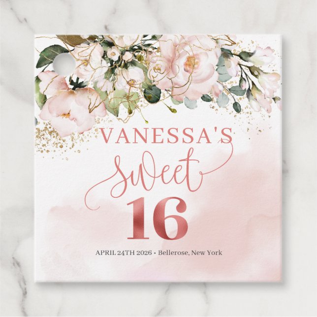 Étiquettes Cadeau Chic aquarelle fleurs rousses rose or doux 16e (Devant)