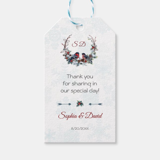 Étiquettes-cadeau Chic Berries Bullfinch Winter Wreath Mariage (Devant)