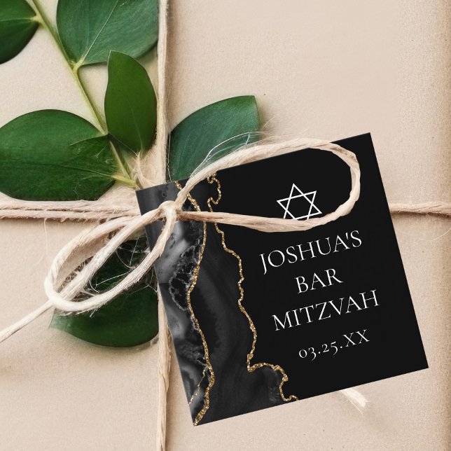Étiquettes Cadeau Chic Black Gold Agate Bar Mitzvah Custom Party (Créateur téléchargé)