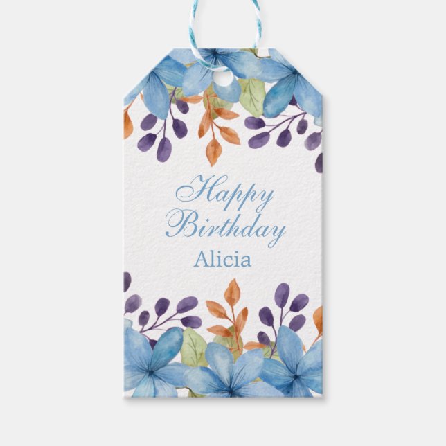 Étiquettes-cadeau Chic Bleu Flore Aquarelle N'Importe Quel Âge Anniv (Devant)