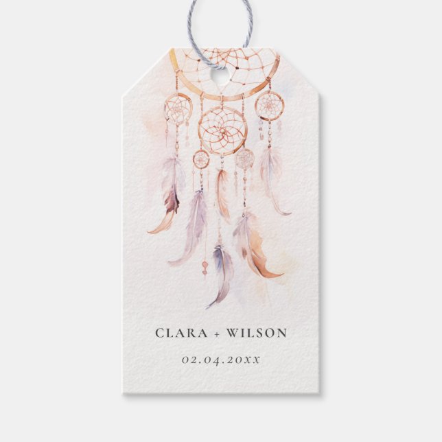 Étiquettes-cadeau Chic Boho Feather Dreamcatcher Watercolor Mariage (Devant)