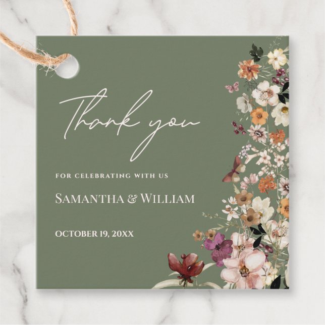 Étiquettes Cadeau Chic Boho Fleur sauvage Rustique Sage Mariage vert (Devant)